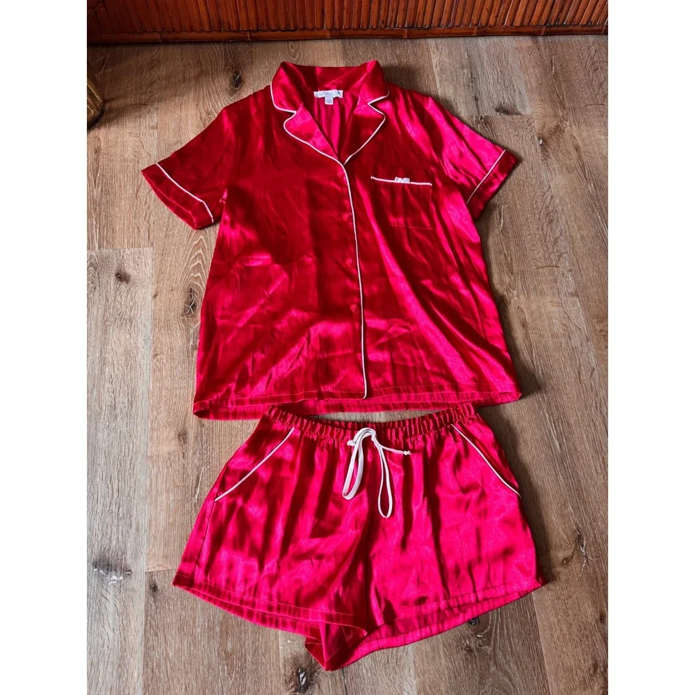 In Bloom by Jonquil Red Satin Pajama Set Short Sleeve Button Down Size S